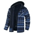 thumbnail image 1 of Men's Quilted Lined Hoodie Jacket Plaid Cotton Zip Up Sweatshirt Jacket Long Sleeve Flannel Shirt Shacket (S, Navy), 1 of 6