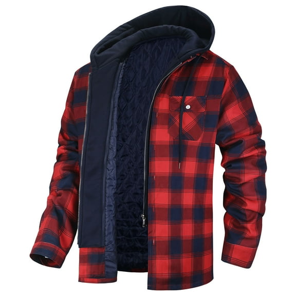 Men's Quilted Lined Hoodie Jacket Plaid Cotton Zip Up Sweatshirt Jacket Long Sleeve Flannel Shirt Shacket (XL, Red)