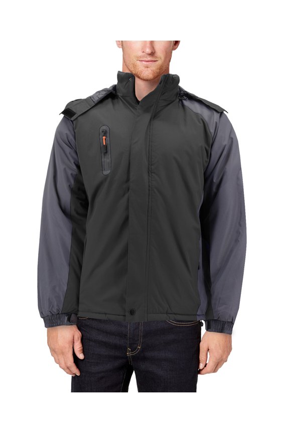 Men’s Quilted Lined Removable Hood Two Toned Zipper Puffer Lightweight Jacket (Black, L)