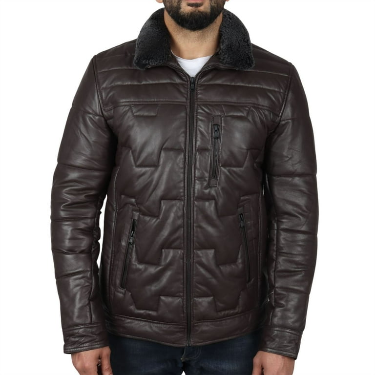 Men's Quilted Padded Real Leather Safari Coat
