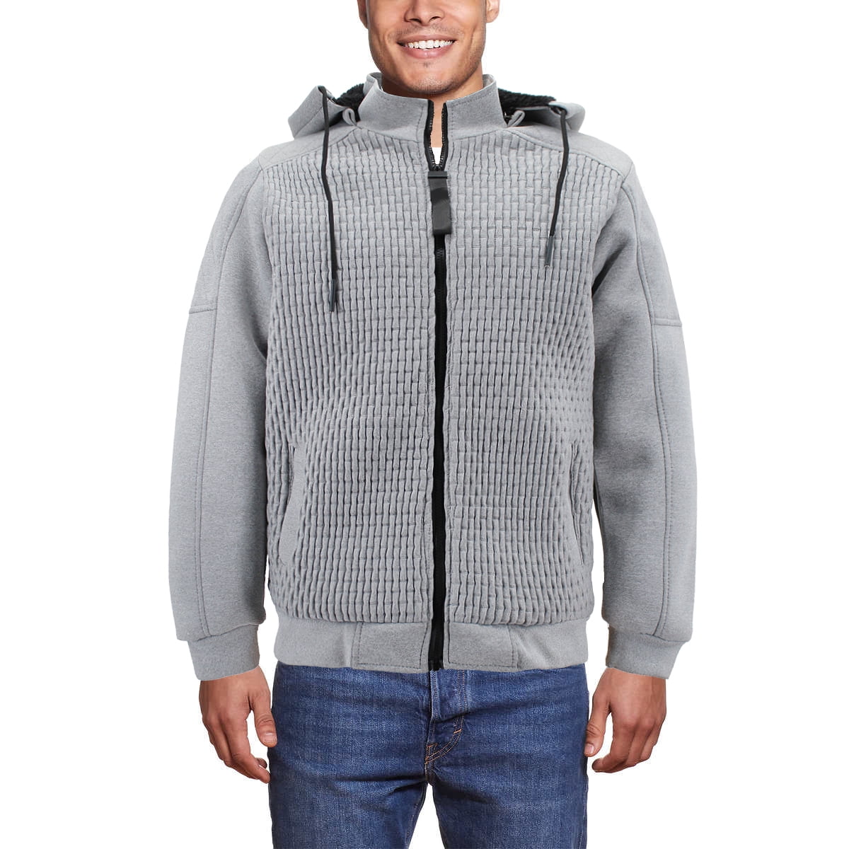 Men's Quilted Pattern Sherpa Lined Removable Hood Zip Up Sweater Jacket ...