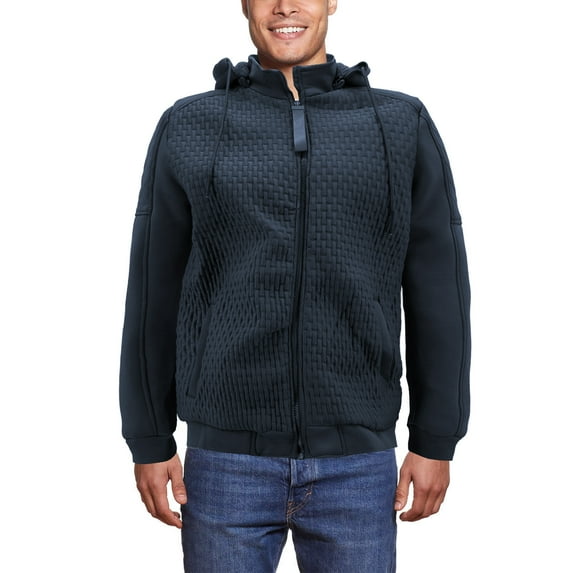Men's Quilted Pattern Sherpa Lined Removable Hood Zip Up Sweater Jacket (Navy, S)