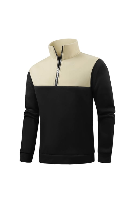 Men's Quilted Quarter Zip Pullover Long Sleeve Stand Collar Sweater Color Block Casual Winter Warm Coat