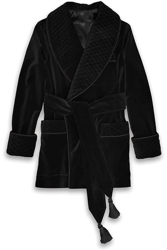 Men’s Velvet Smoking Jacket Robe with Belt | Quilted Shawl Collar Luxury Loungewear Coat | Classic Lounge Wrap with Pockets