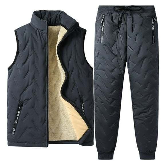 Men’s Quilted Vest and Pants Set with Fleece Lining Casual Stand Collar Sleeveless Outerwear and Drawstring Waist Trousers