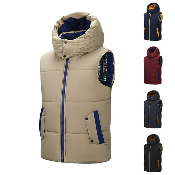 Men's Quilted Vest with Hooded Fall Winter Plus Size Warm Solid Color Sleeveless Jacket Winter Clothes Parkas Waistcoat for Women with Pocket