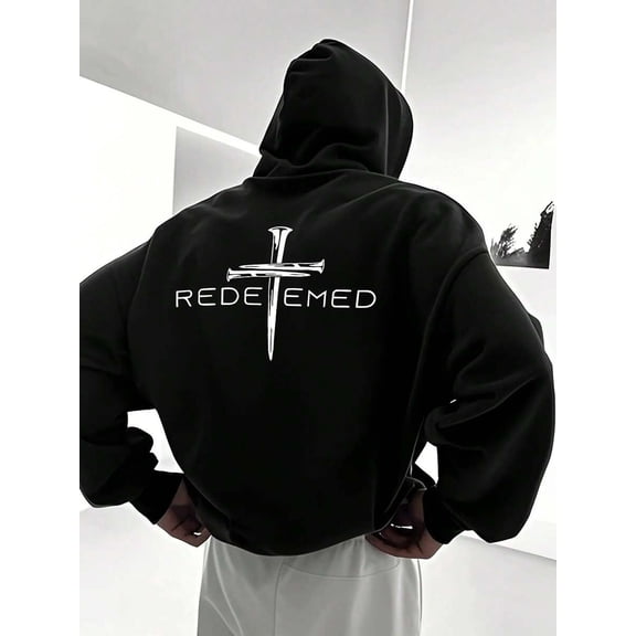 Men's 'REDEEMED' Cross Print Hoodie - Casual Black Sweatshirt With Pocket, Long Sleeve, Comfortable For All Seasons, All-Season Sweatshirt | Hooded Sweatshirt | Glossy Hoodie, Sweater Hoodie