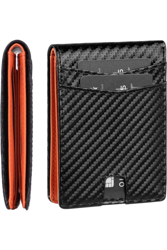 Men's RFID Blocking Bifold Wallet - Slim Front Pocket Wallet with 10 Card Slots, Box & Discreet Slot for AirTag or Similar Device, Black, Carbon Fiber Black and Orange