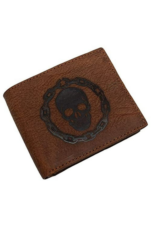 Men's RFID Blocking Genuine Leather Skull Chain Bifold Classic Wallet