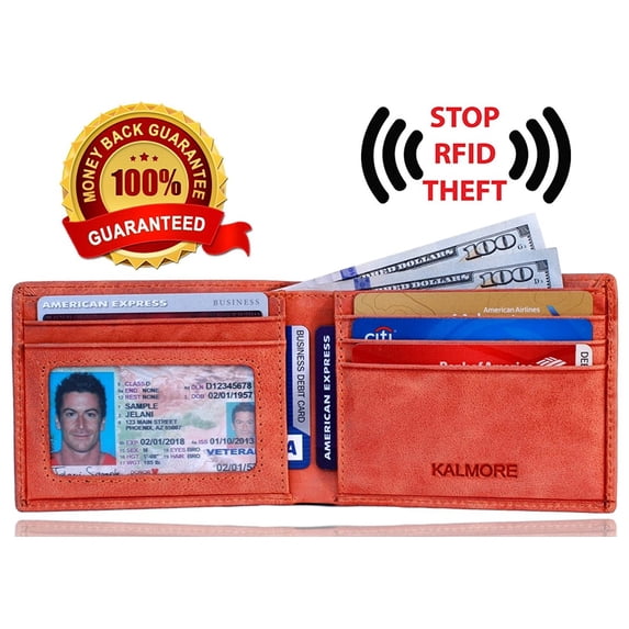 Men's RFID Blocking ID Window Multi-Card Travel Bifold Genuine Leather Pocket Wallet - in Gift Box