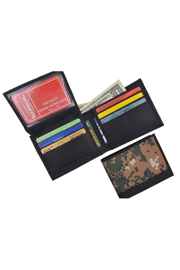Men's RFID Blocking Premium Leather Camouflage Bifold Wallet With Fixed Flip Up ID Window Camo Military Design