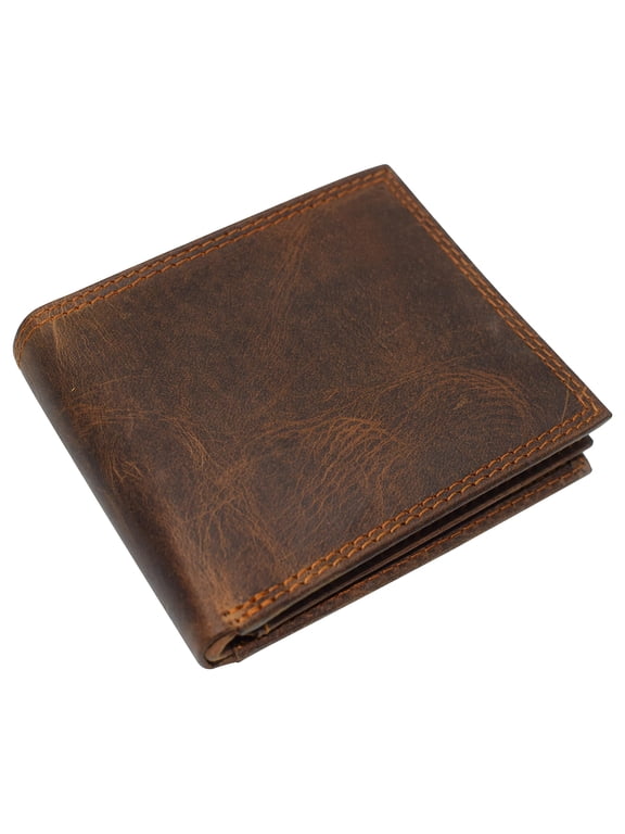 Men's RFID Blocking Vintage Leather Center Flap Bifold Credit Card ID Wallet for Men Brown
