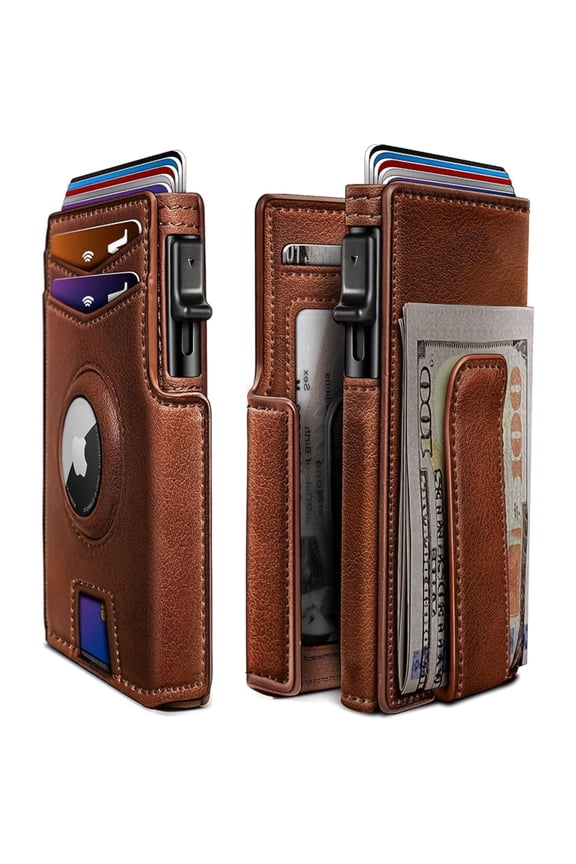 Men’s RFID Blocking Wallet with AirTag Holder, Automatic Pop-Up Card Case, Magnetic Closure, Slim Anti-Theft Bifold Wallet with Cash Slot – Durable Travel & Business Gift for Men