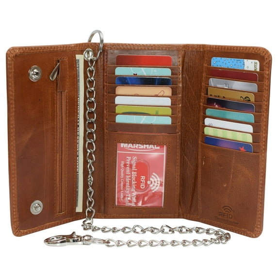 Men's RFID Signal Blocking Biker's Vintage Leather Long Tri-fold Silver Chain Checkbook Card ID Wallet
