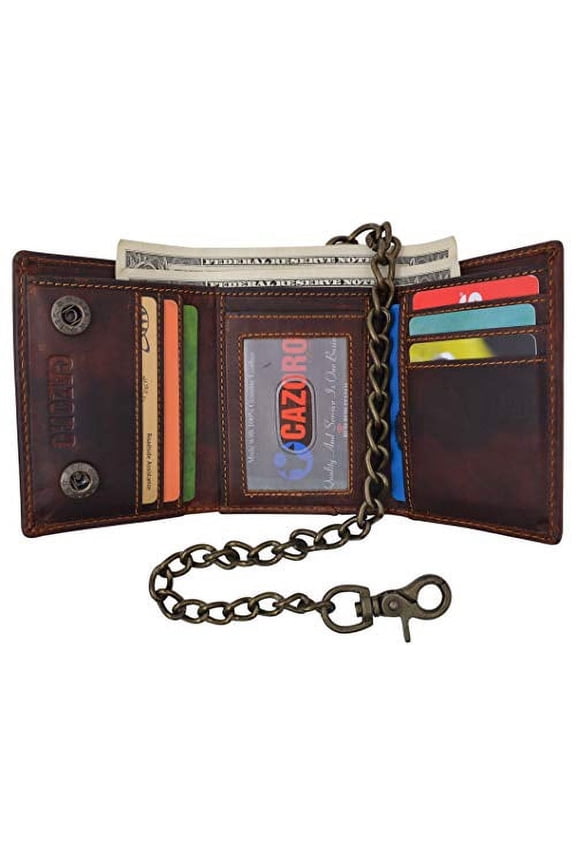Men's RFID Signal Blocking Motorcycle Biker Brown Trifold Wallet With Chain