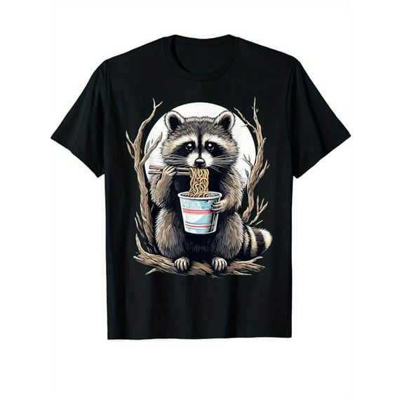 Men's Raccoon Graphic Cotton T-Shirt - Casual Short Sleeve Crew Neck Tee, Black with Colorful Noodle Print, Lightweight & Breathable for Casual Attire