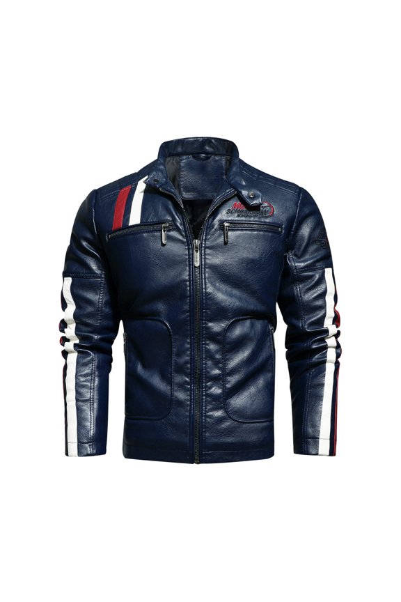 Men's Racing Apparel Contrast Color Coat Stand Collar PU Leather Jacket
