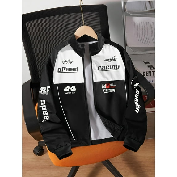 Men's Racing inspired black and white contrasting stand-up collar jacket, eye-catching letter print and SF Racing 46 pattern - zipper casual flight jacket, machine-washable polyester