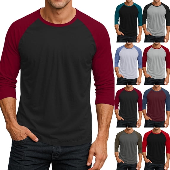 Men's Raglan Baseball Shirts 3/4 Sleeve Tops Regular Fit Casual Basic T-Shirts Deep Red M