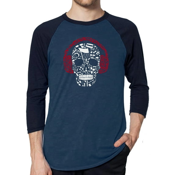 Men's Raglan Baseball Word Art T-shirt - Music Notes Skull
