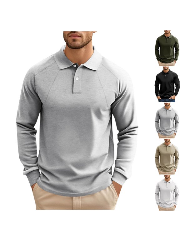 Men's Raglan Long Sleeve Golf Midlayer Shirts Casual Collared T-Shirt Pullover Sweatshirt for Office Work Daily Wear Loungewear, Gray, L