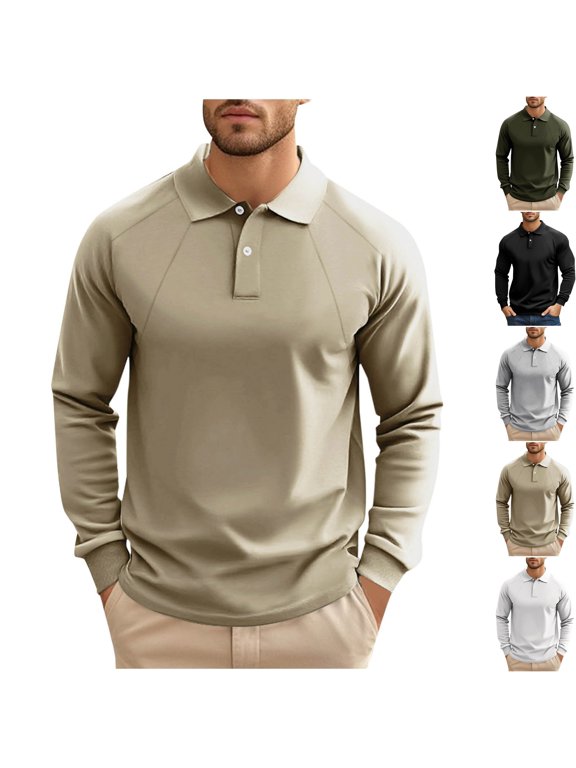 Men's Raglan Long Sleeve Golf Midlayer Shirts Casual Collared T-Shirt Pullover Sweatshirt for Office Work Daily Wear Loungewear, Khaki, L