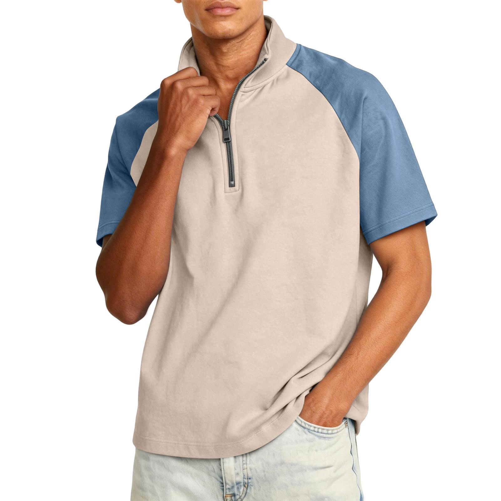 Men's Raglan Sleeve Half Zip Short Sleeve Polo Shirt Color Block ...