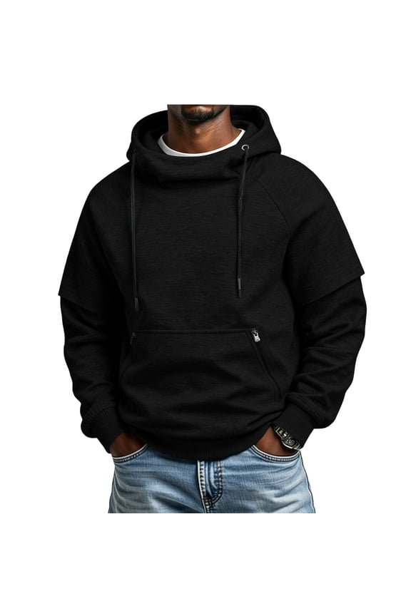 Men's Raglan Sleeve Hooded Tops Pullover Wrap Cowl Collar Lightweight Sweatshirt Long Sleeve Baggy Fit Urban Casual Sweater Travel Daily Zip Closure Front Pocket Thin Black Drawcords Black,S
