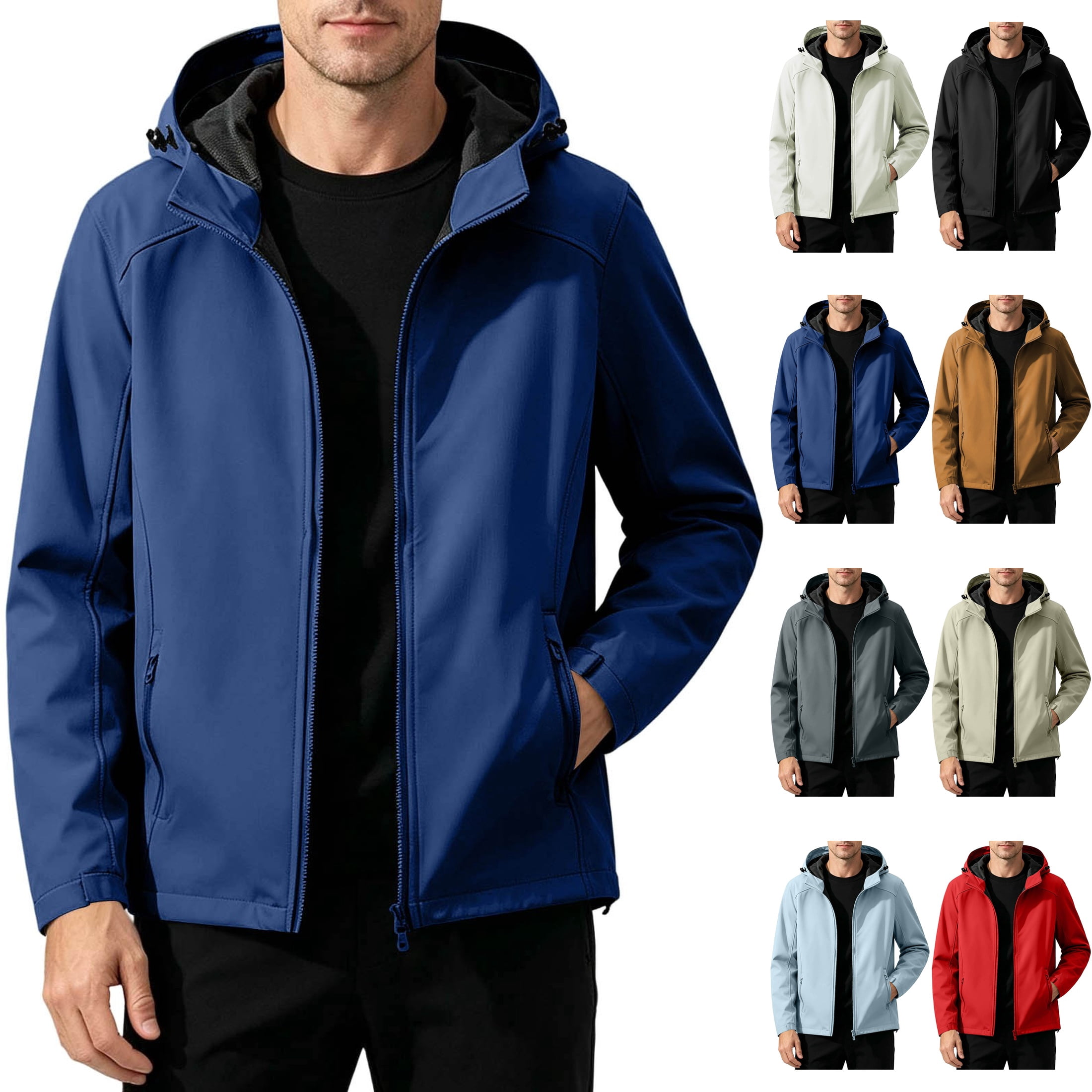 Men's Rain Jacket Warm Fleece Lined Drawstring Hood Full Zip Up Jackets ...