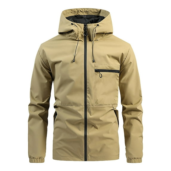 Men's Rain Jacket Waterproof, Lightweight Hooded Outerwear Windproof Outdoor Full Zip Casual Coats with New Mens Lightweight Jackets Khaki XXL