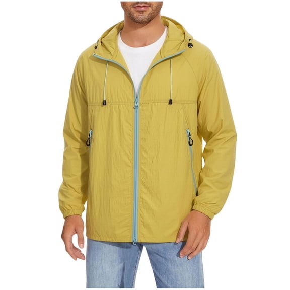 Men's Rain Jacket with Zipper Pocket, Lightweight Waterproof Raincoat, Mens Jacket for Outdoor Sports Big and Tall Size S-4XL Yellow