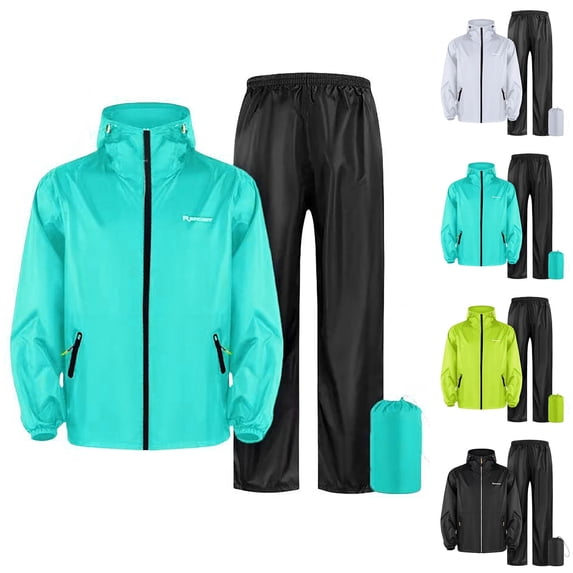 Men's Rain Suit 2 Pcs Waterproof Rain Gear Lightweight Rain Jacket Pants (Sky Blue L)