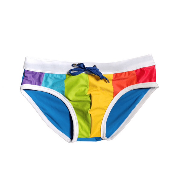 Men's Rainbow Color-Blocked Enhancing Low Rise Swim Briefs Quick Dry Bathing Suit Swimsuit