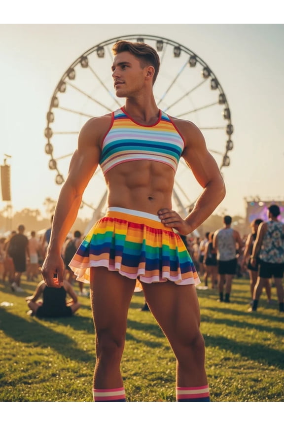Men's Rainbow Horizontal Striped Sleeveless Racerback Crop Top & High Waist Ruffle Pleated Mini Skirt Two-Piece Festival Outfit