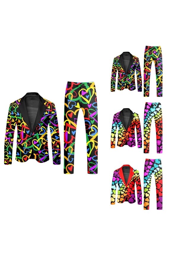 Men's Rainbow Long Sleeve Two Piece Suit with Jacket Trousers Tie Printed Button Pockets for Holiday Party Events