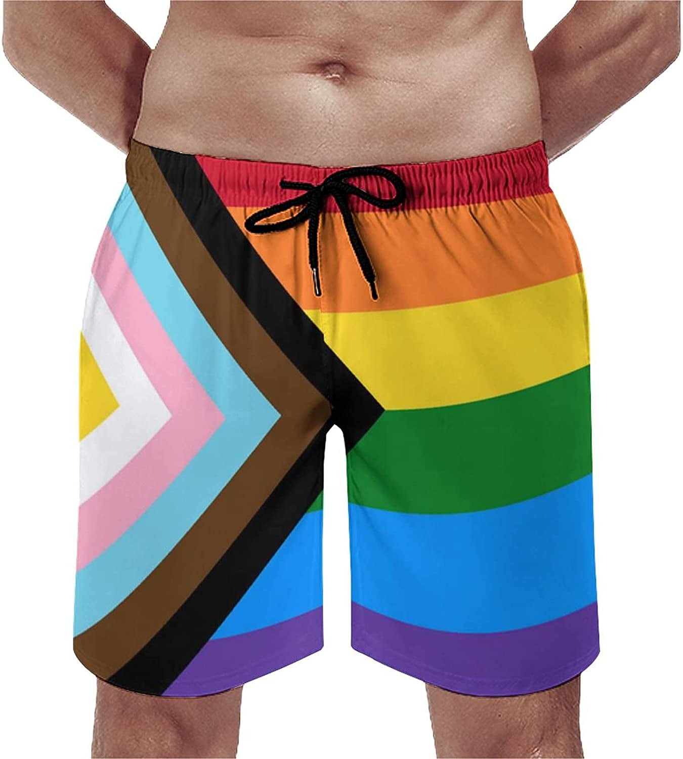 Men s Rainbow Progress Pride Flag Lgbt Quick Dry Board Shorts with Mesh Lining Swim Trunks Swimwear Gift S 3XL