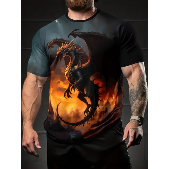 Men's Raptors Print T-Shirt - Short Sleeve, Crew Neck, Summer Casual Wear, Vibrant Flame Design, Polyester Blend, Lightweight and Breathable, Suitable for Outdoor Adventures
