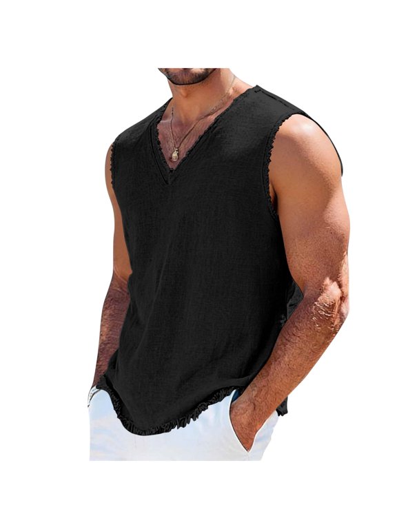 Men's Raw Edge Cotton Linen Tank Tops Male Raw Edge Sleeveless Shirt Linen Tank Top Distressed for Men