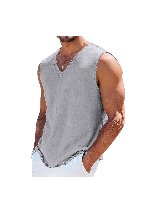 Men's Raw Edge Cotton Linen Tank Tops Male Raw Edge Sleeveless Shirt Linen Tank Top Distressed for Men