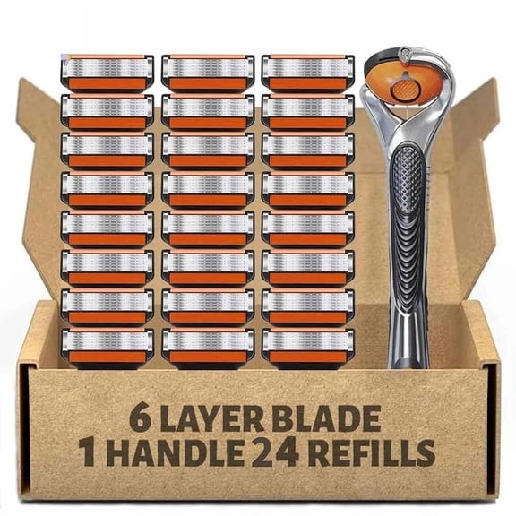 Men's Razor Blade Replacement Set with Free Handle - Ultra Sharp Stainless Steel Blades for Smooth Shaving, Long Handle Double Edge Razor Blades, Travel Carry Handling Manual Shaver(24pcs)