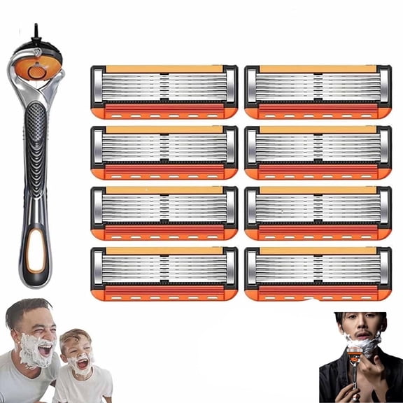 Men's Razor Blade Replacement Set with Free Handle - Ultra Sharp Stainless Steel Blades for Smooth Shaving, Long Handle Double Edge Razor Blades, Travel Carry Handling Manual Shaver(8pcs)