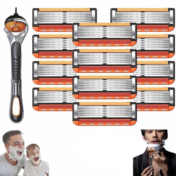 Men's Razor Blade Replacement Set with Free Handle - Ultra Sharp Stainless Steel Blades for Smooth Shaving, Long Handle Double Edge Razor Blades, Travel Carry Handling Manual Shaver(12pcs)