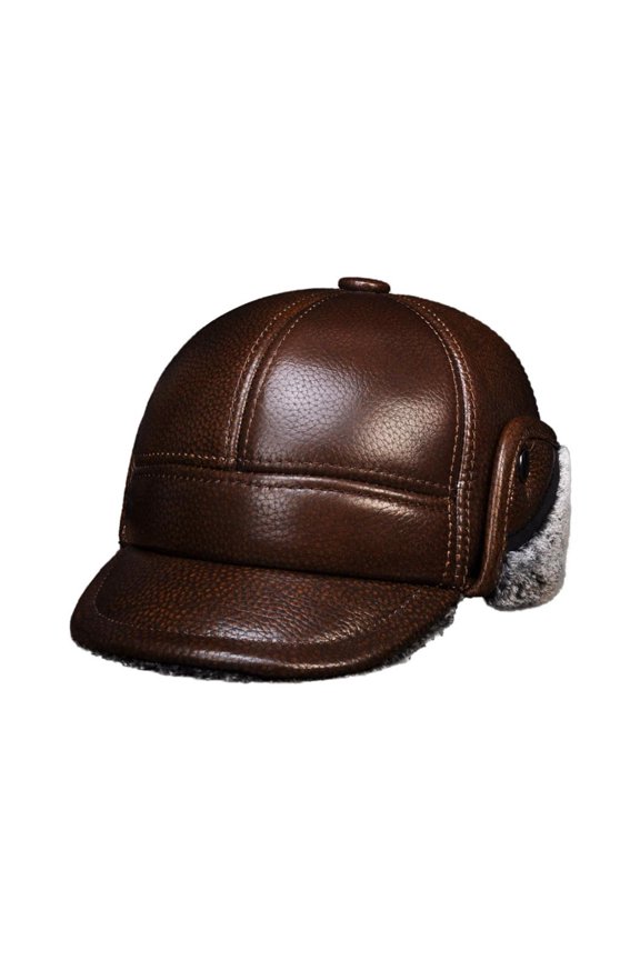 Men's Real Cow Leather Baseball Cap Hat Brand Winter Warm Russian Genuine Leather Caps Hats With Faux Fu-r Inside ,Fashion
