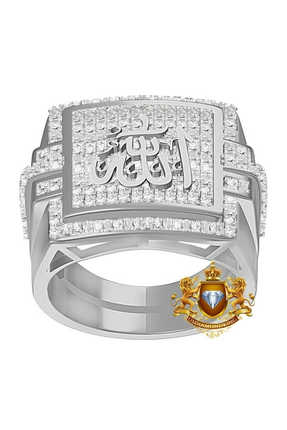 Men's Real Genuine Diamond Allah God Muslim Islamic Ring 10K White Gold Over Band 24mm