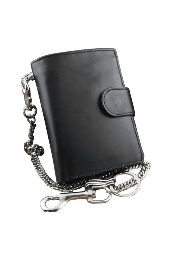 Men's Real Leather Biker Trucker Rock Money Coins Short Chain Wallet Purse Black