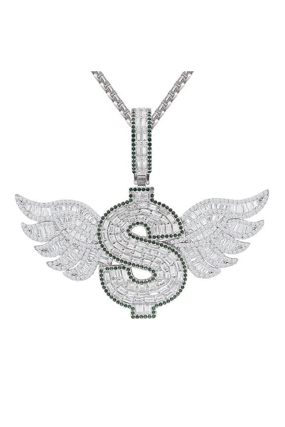 Men's Real Silver 35+ Grams Flying Cash Money $ Sign Custom Charm Pendant 2.25''