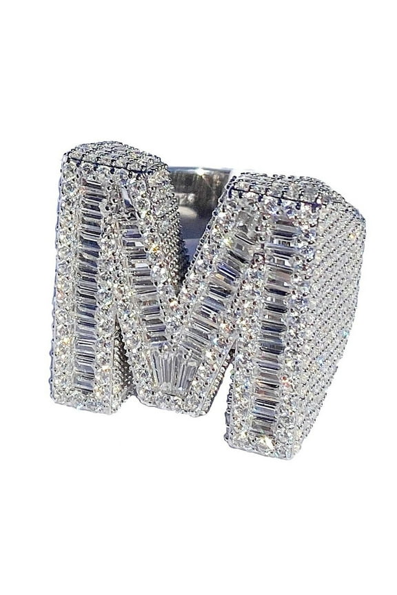 Men's Real Solid 925 Sterling Silver Initial Letter M Iced Baguette Flooded Out Big Hip Hop Ring Size 10