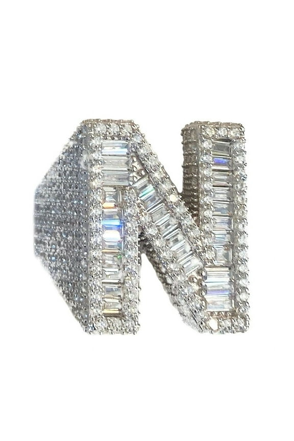 Men's Real Solid 925 Sterling Silver Initial Letter N Iced Baguette Flooded Out Big Hip Hop Ring Size 8