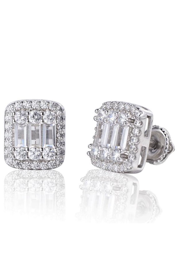 Mens Real Solid Sterling Silver Baguette Diamond Hip Hop Earrings Studs