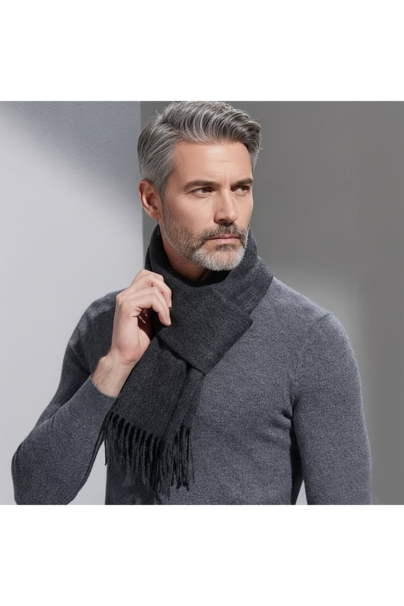 Men's Real Wool Scarf - Solid Color Winter Neck Warmer, Warm Wool Blend for Cold Weather, Mature Style Christmas/Birthday Gift for Dad, Husband, Him (Dark Grey/other Colors) -Wool Scarf